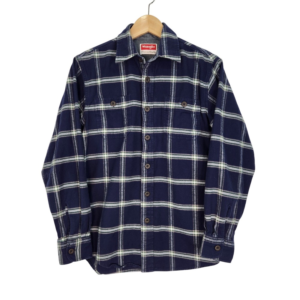 Wrangler Premium Quality Mens Long Sleeve Navy‎ Plaid Flannel Shirt Size S